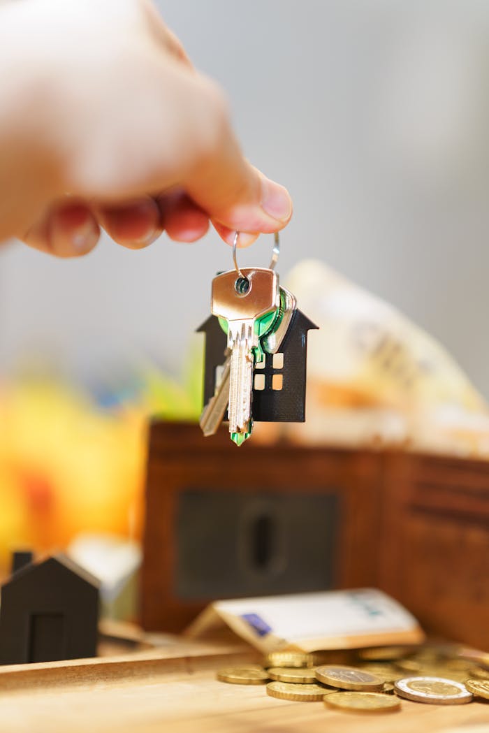 gallery-4 Hand holding house keys representing real estate investment with coins and wallet.